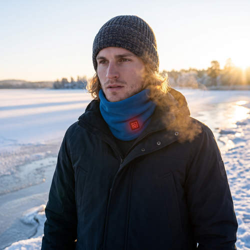 Man on a sunrise lakeside walk wearing a blue fleece heated neck gaiter