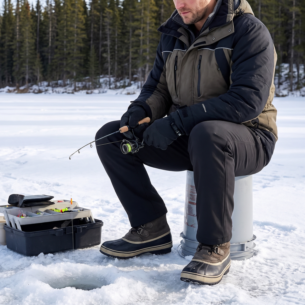 Man ice fishing on a frozen lake in black soft-shell heated pants
