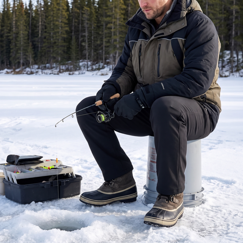 Man ice fishing on a frozen lake in black soft-shell heated pants