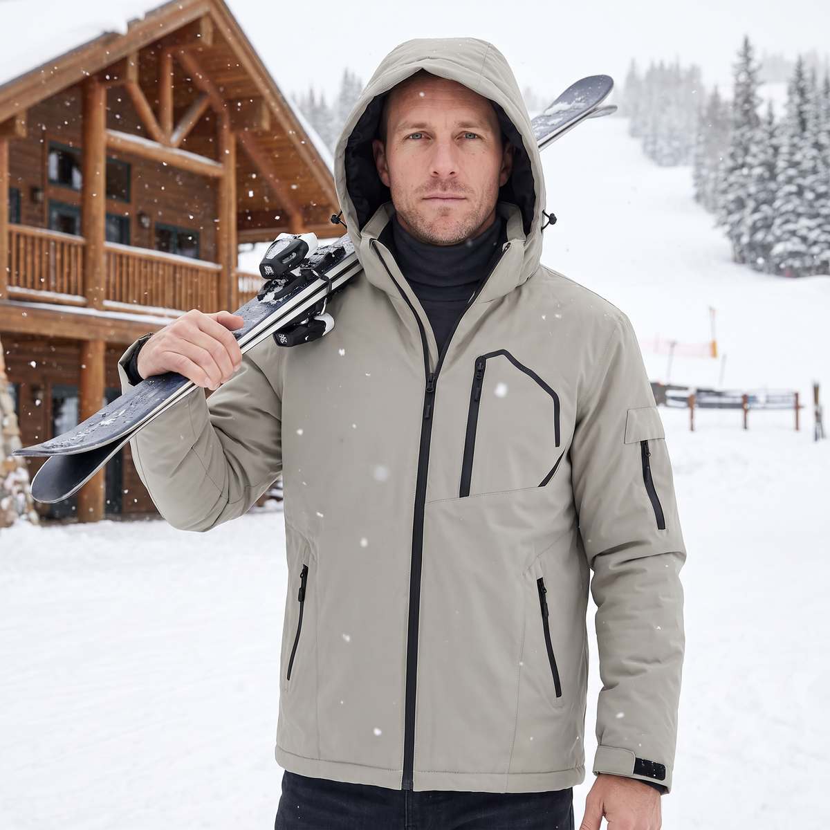 Man at a ski resort carrying skis in a khaki hooded heated ski jacket