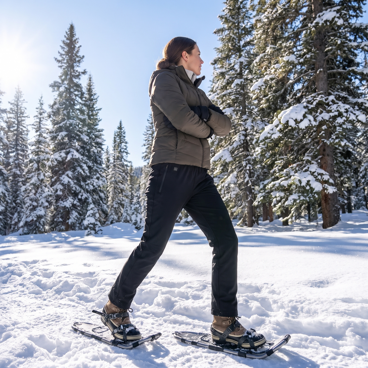 Woman snowshoeing in a sunny forest in black heated pants