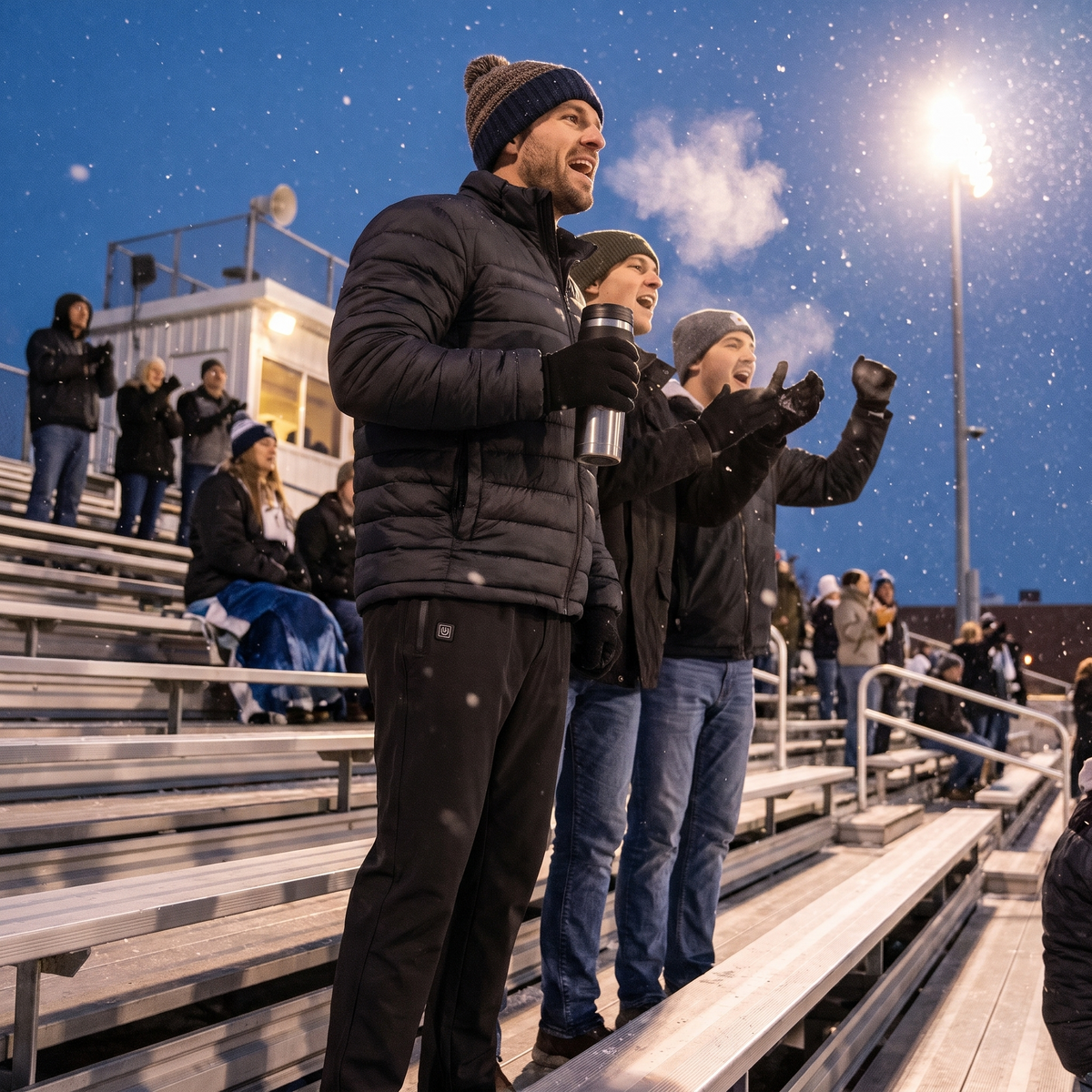 Man at an outdoor winter game wearing black USB heated pants