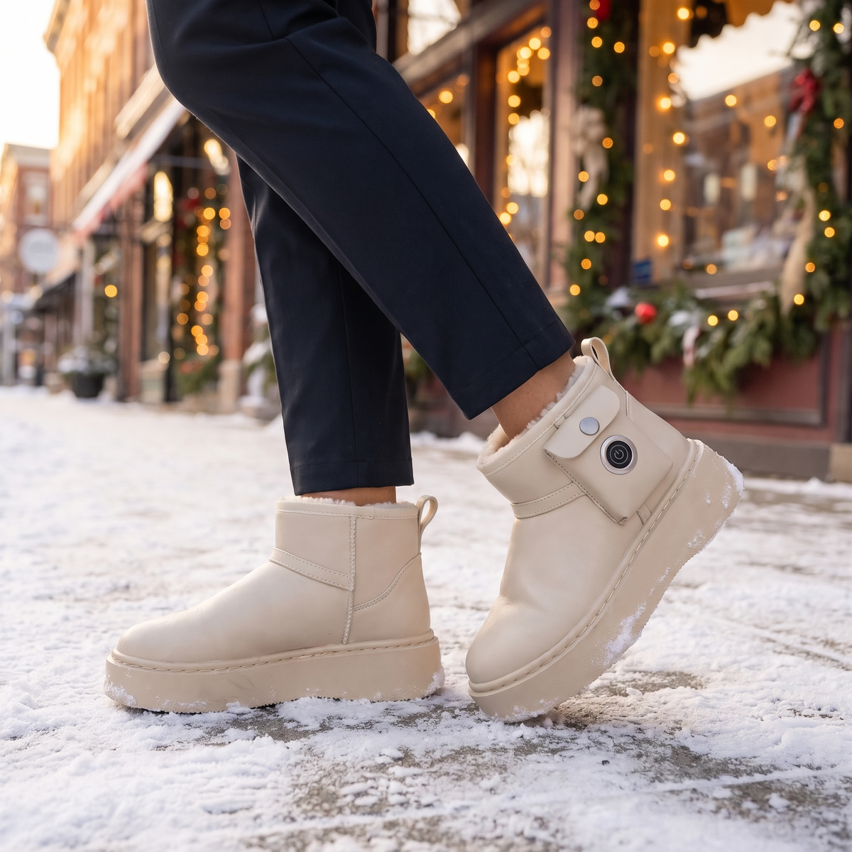 Woman walking a snowy sidewalk in beige fleece-lined heated snow boots