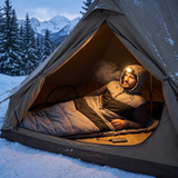 Man in a tent at a snowy campsite inside a gray heated sleeping bag