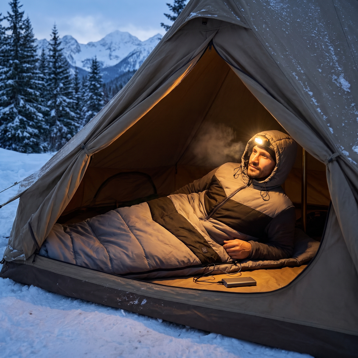 Man in a tent at a snowy campsite inside a gray heated sleeping bag
