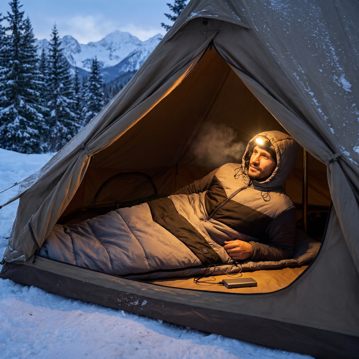 Men's Heated Sleeping Bag, USB Heating Pads, Waterproof, Lightweight Envelope with Hood, for Backpacking & Camping, Gray