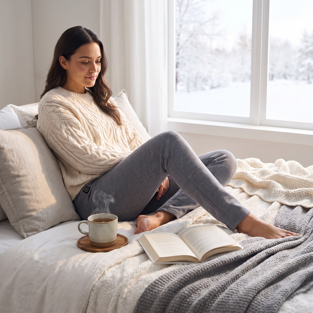 Woman relaxing at home in grey heated thermal leggings