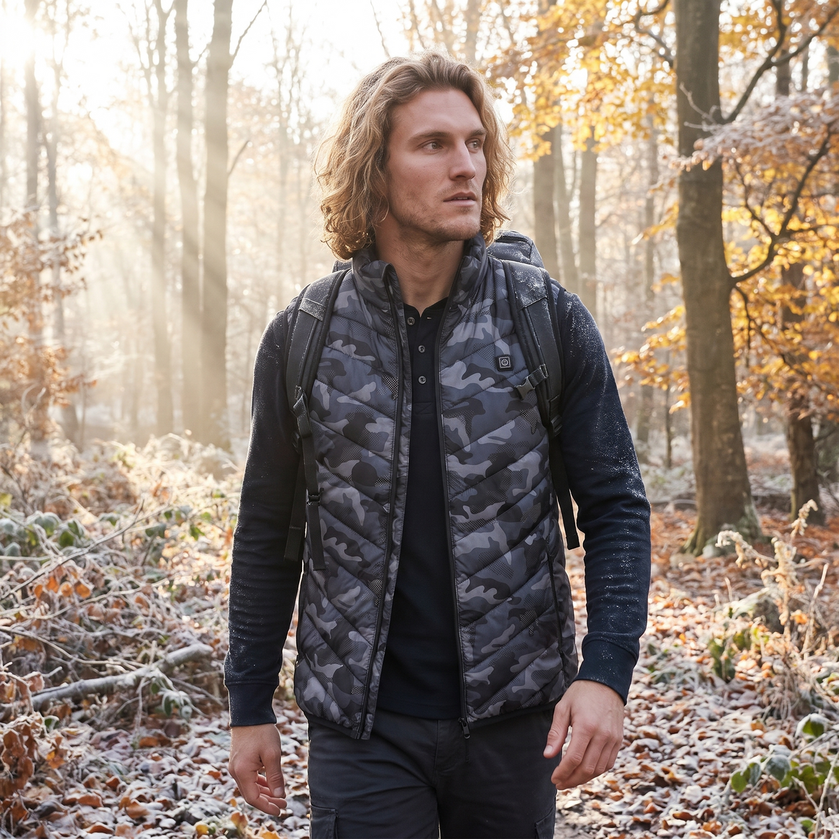 Man hiking a frosty forest in a camouflage heated vest