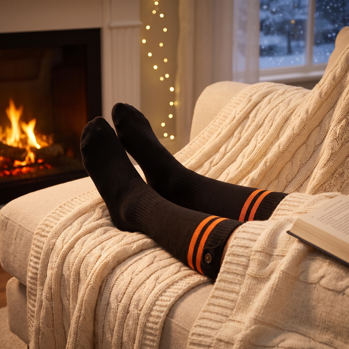 Woman by a fireplace wearing black striped heated socks