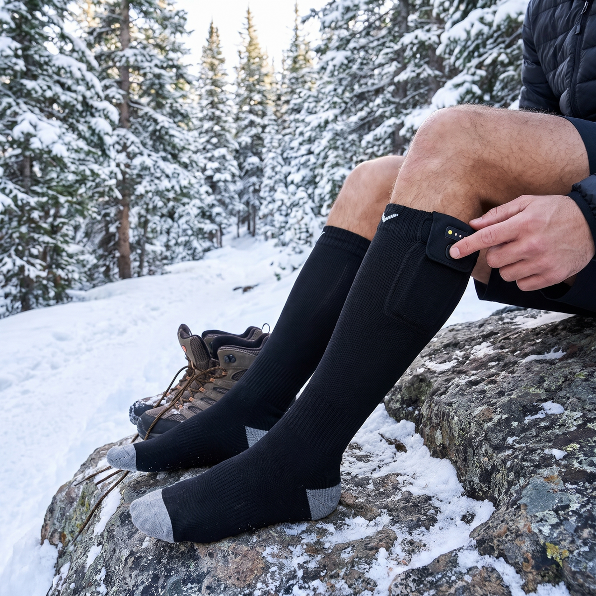 Man at a snowy trailhead wearing black rechargeable heated socks