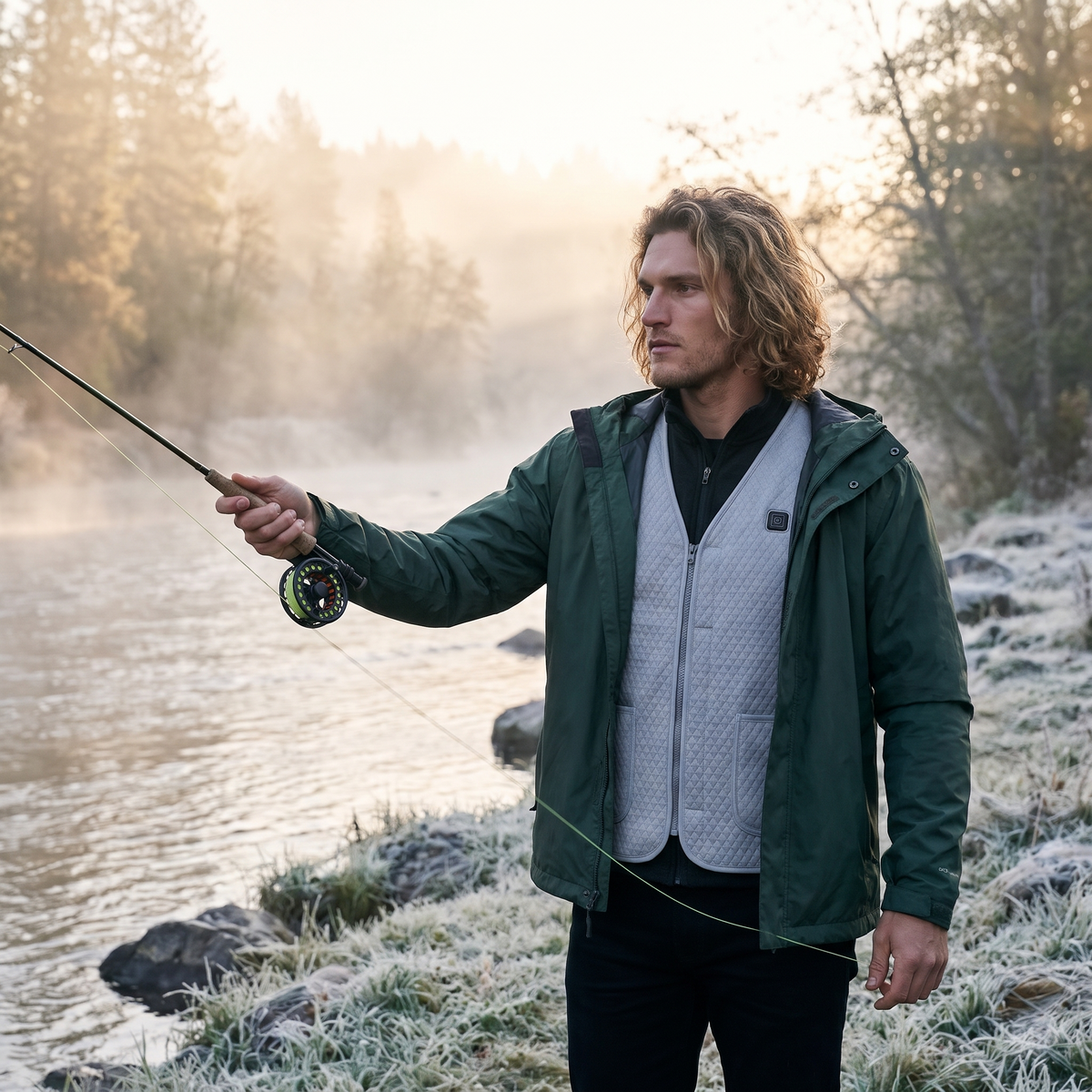 Man fly fishing at dawn with a gray quilted heated vest under his shell