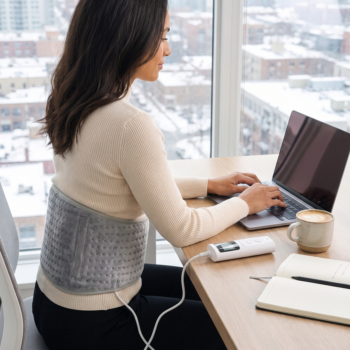 Woman at an office desk wearing a silver gray heated waist belt