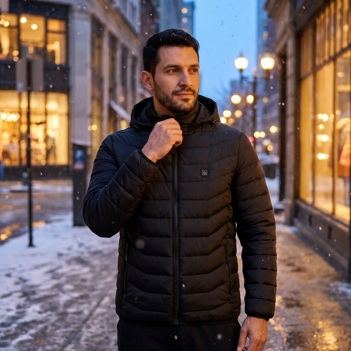 Man on a snowy city street in a black hooded heated puffer jacket